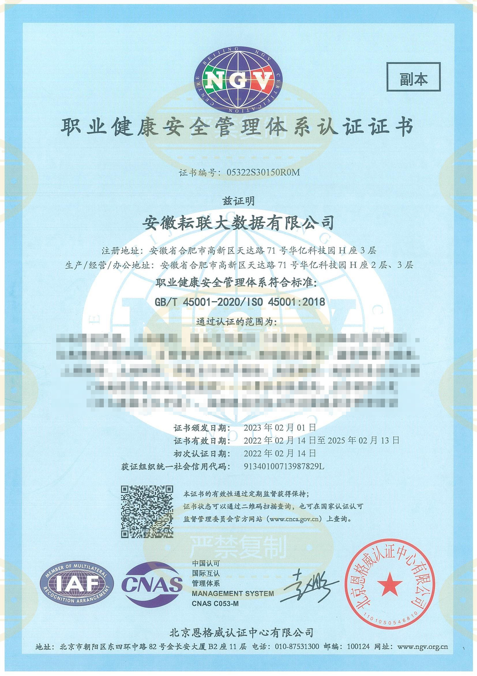 职业健康安全管理体系资质证书